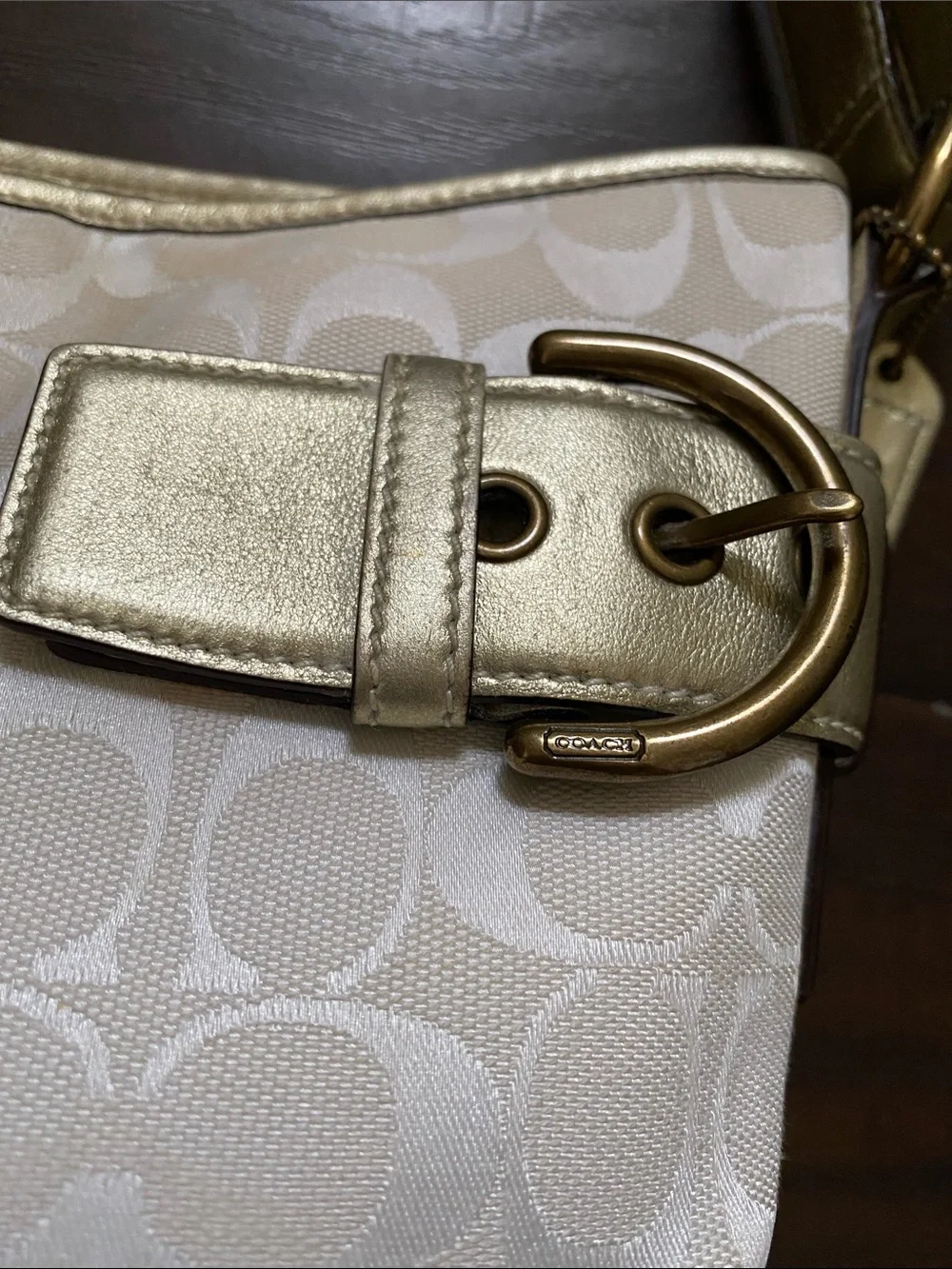 Coach Soho Signature Shoulder Bag with Cream monogram & Gold Metallic Trim